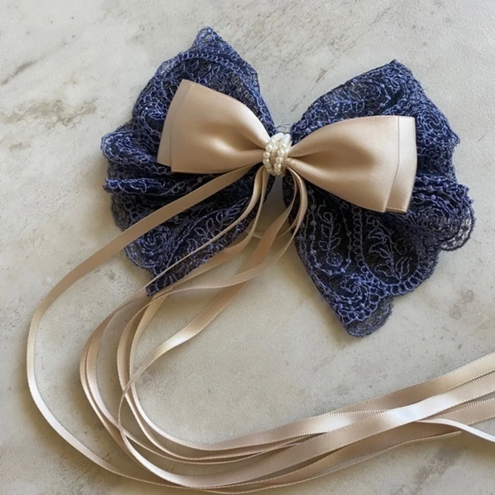 Anthropologie Blue Satin Lace Bow Barrette